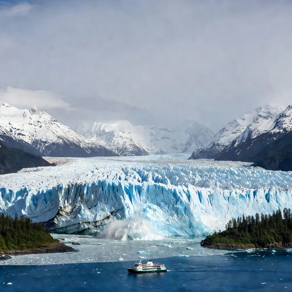 A majestic Alaskan glacier calving into a deep blue fjord with a small cruise ship in the distance