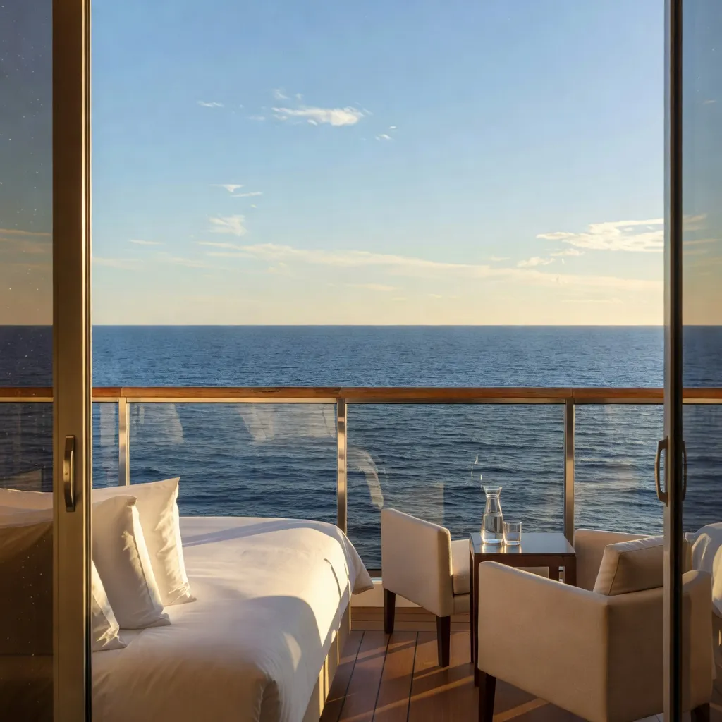 Cruise ship balcony cabin with sliding glass doors open to a private balcony overlooking the ocean