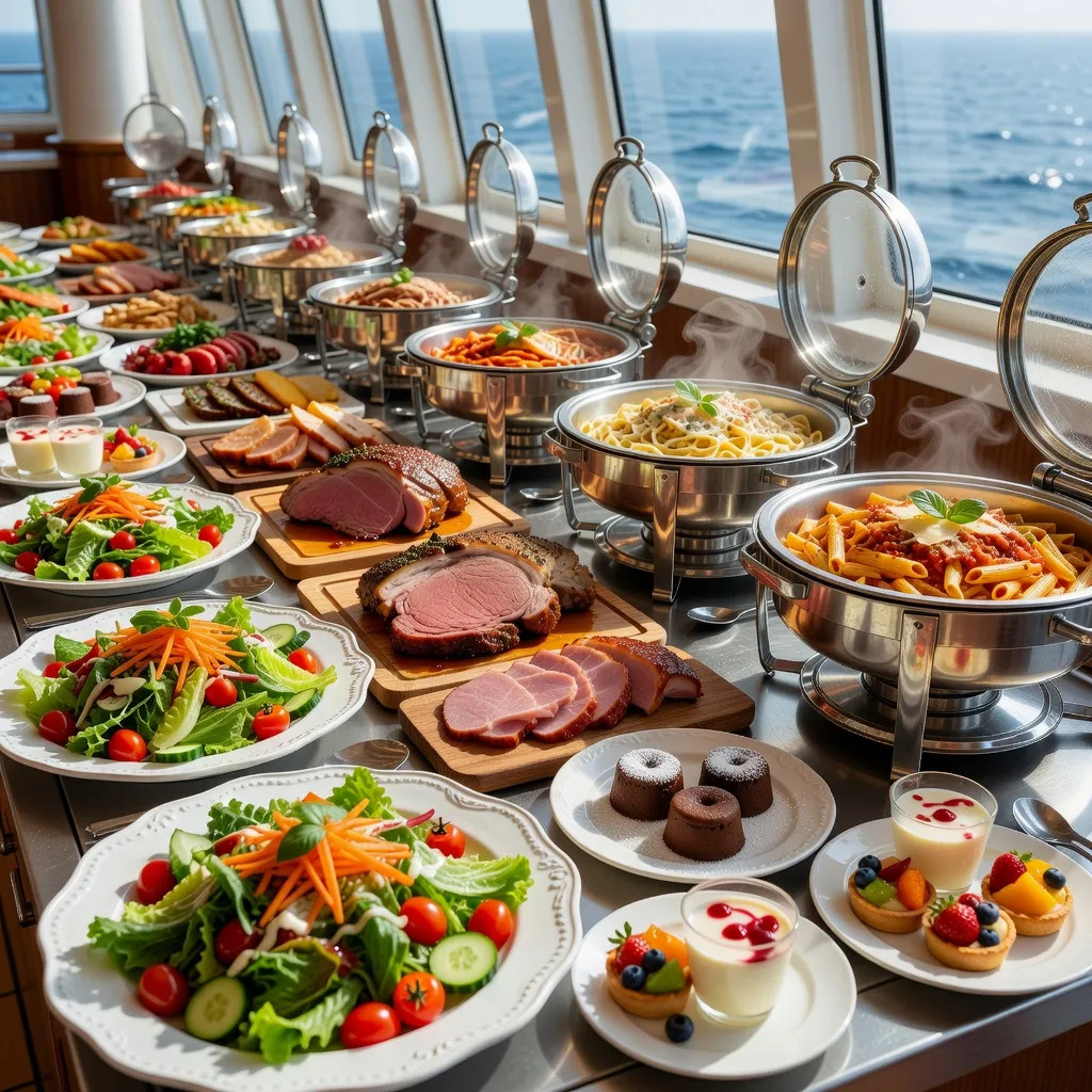 Vibrant buffet spread on a cruise ship with salads, carved meats, pasta and desserts