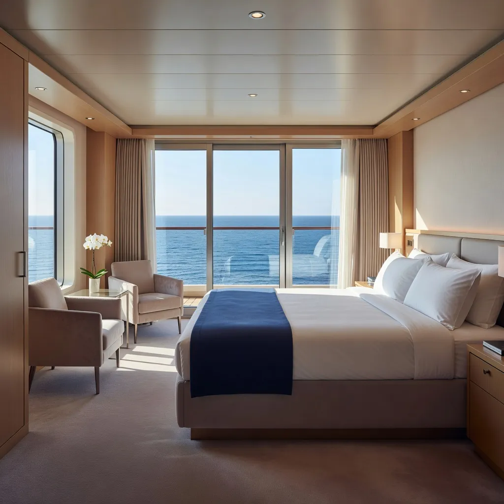 A bright modern cruise ship cabin with a balcony and ocean view