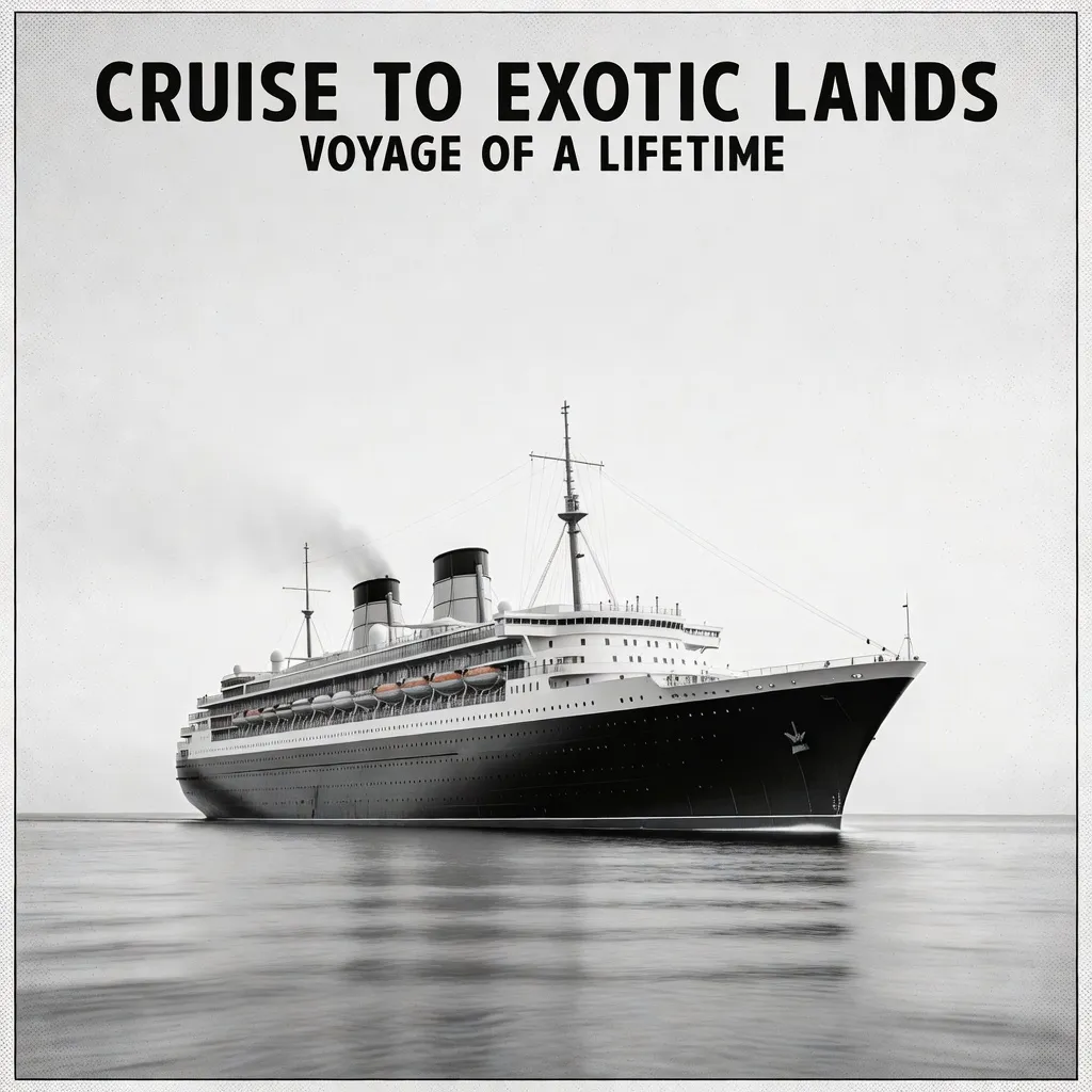 A majestic cruise ship sailing on calm ocean waters at golden hour, with a halftone newsprint treatment