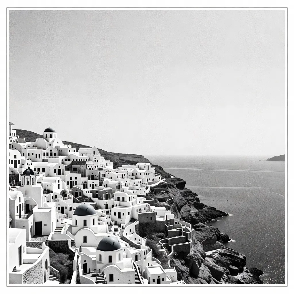 A black and white halftone photograph of a Mediterranean coastal town
