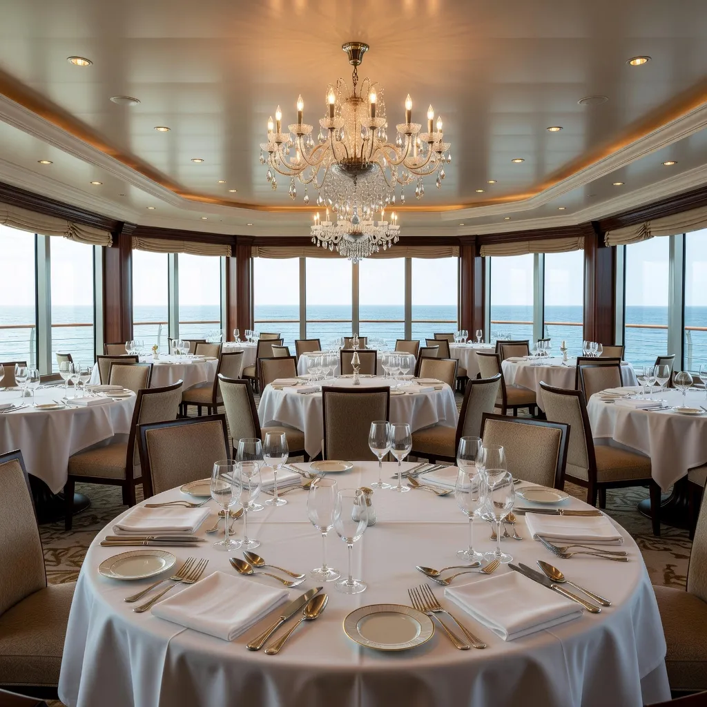 Elegant cruise ship main dining room with white tablecloths, polished silverware and a grand chandelier