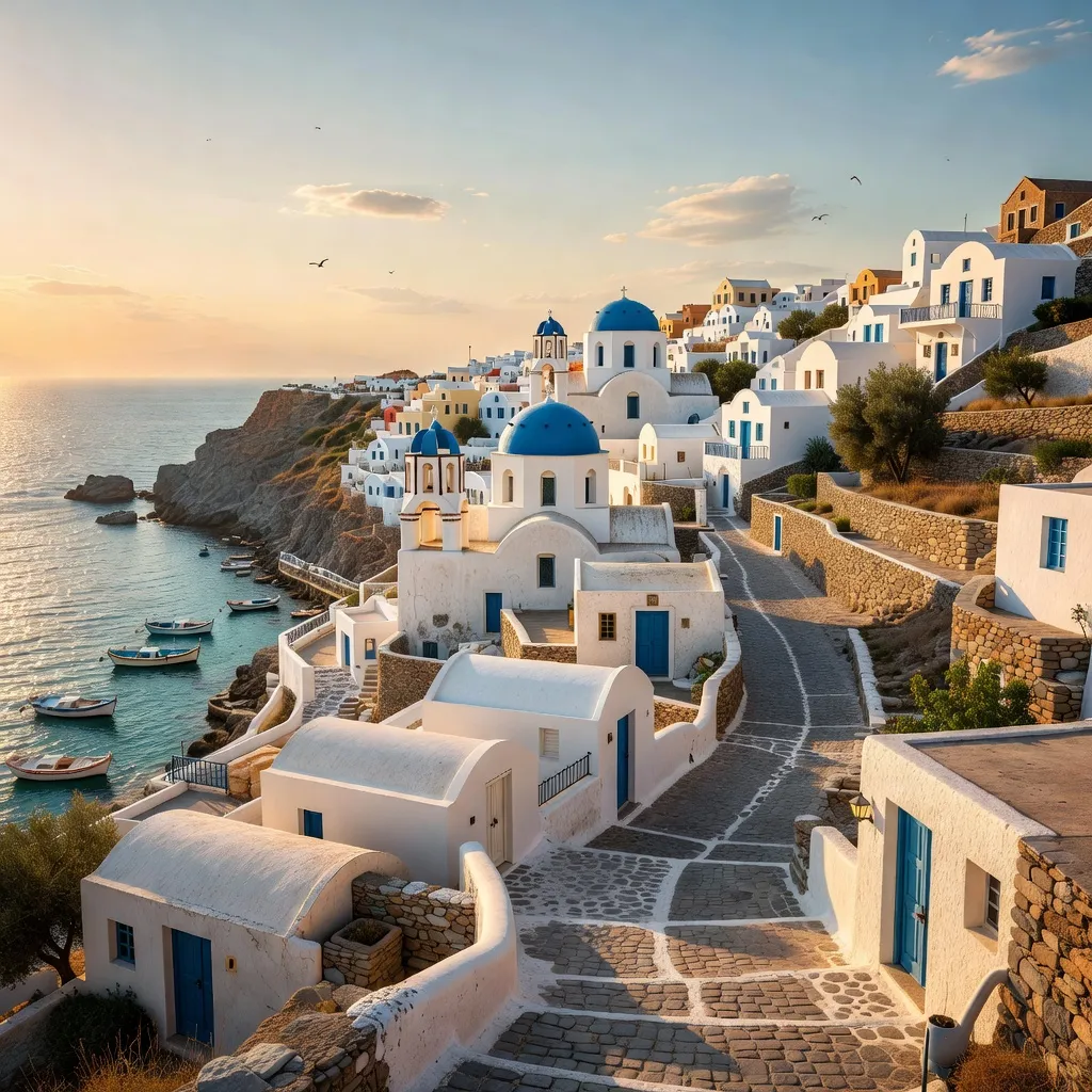 A picturesque Mediterranean coastal village with whitewashed houses and blue-domed churches leading to the sea