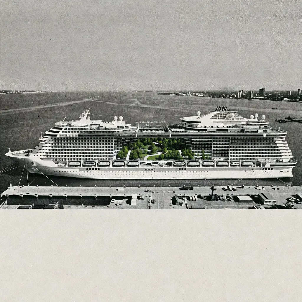 Aerial view of a massive Oasis-class cruise ship docked at a pier, showing its neighbourhood layout