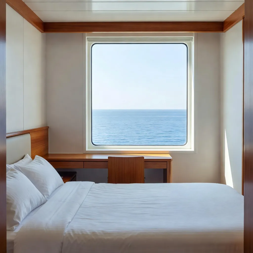 Bright oceanview cruise cabin with a large window showing a calm blue sea