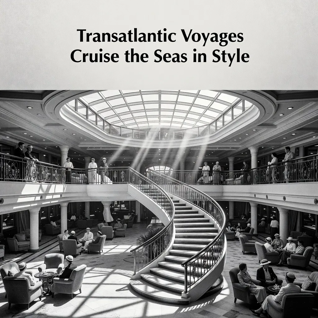 A grand cruise ship atrium with a multi-storey open space and elegant staircase