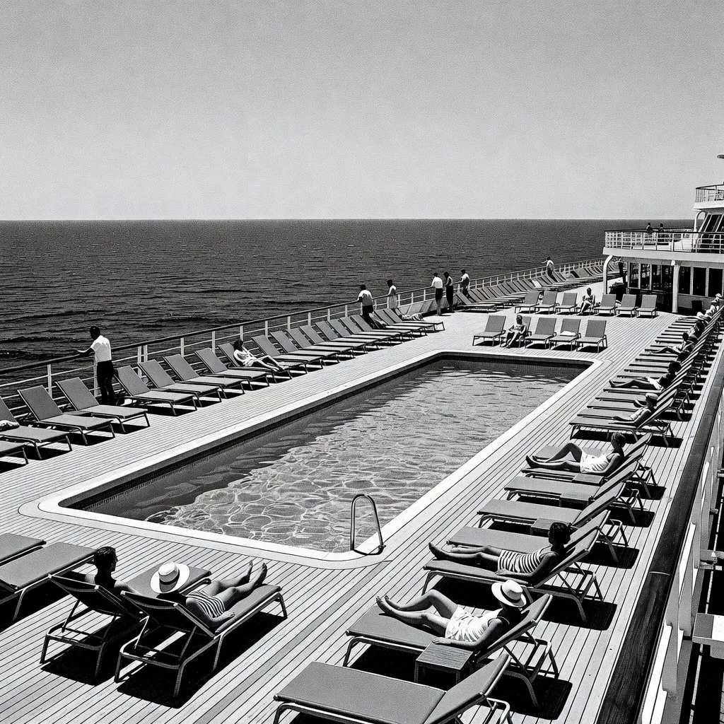 An outdoor deck with a pool and sun loungers