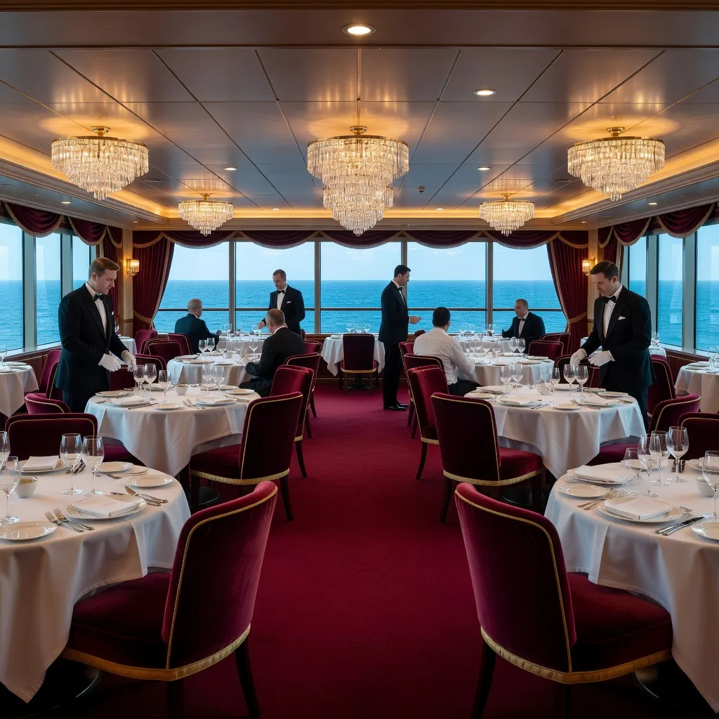 An elegant main dining room with white tablecloths and ocean views