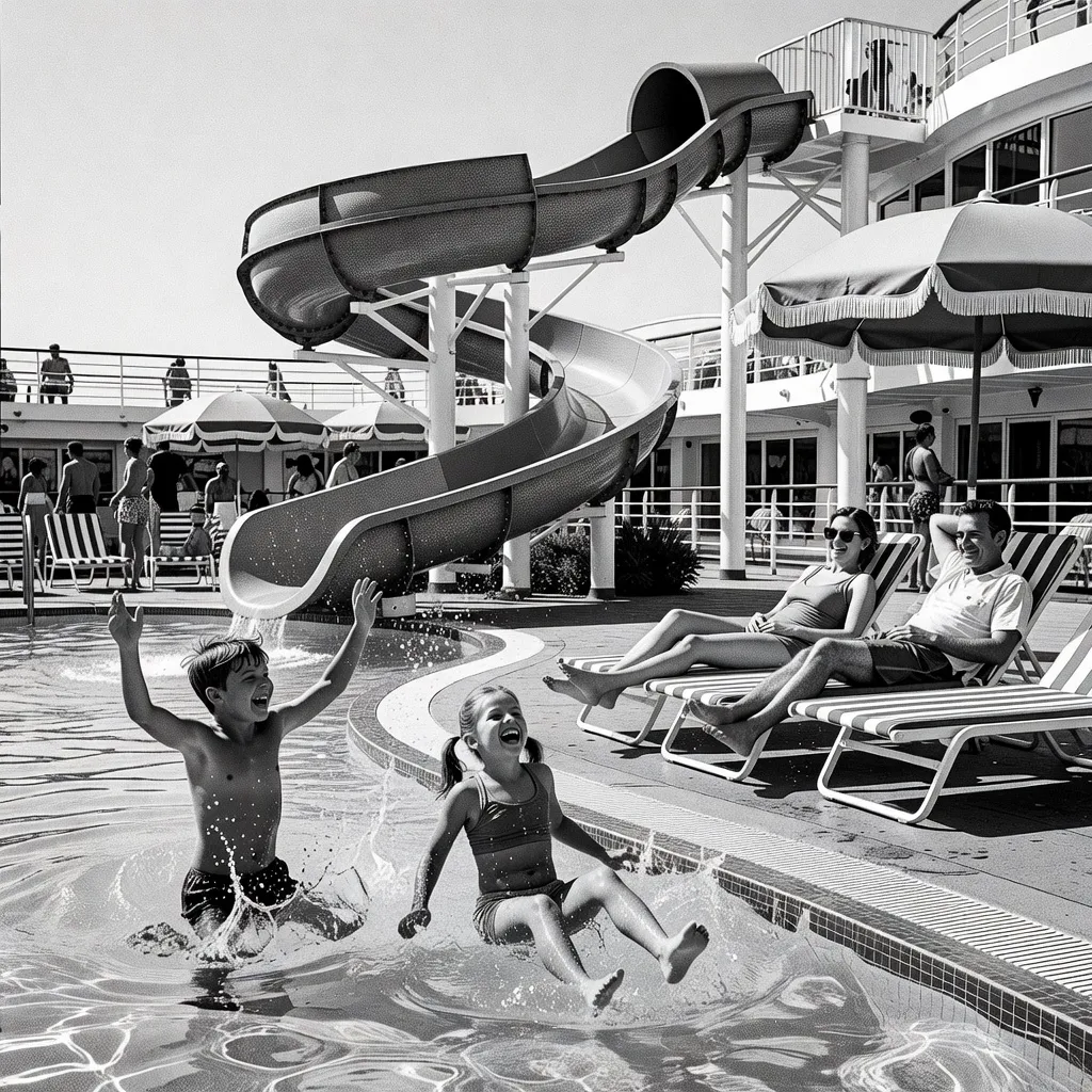 A family enjoying a pool area with a water slide