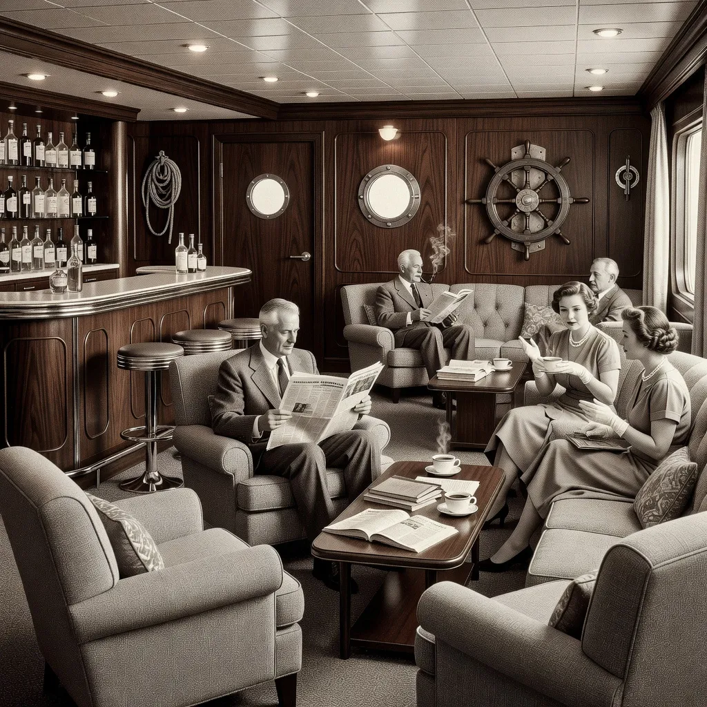 A cosy cruise ship lounge with plush seating and a bar