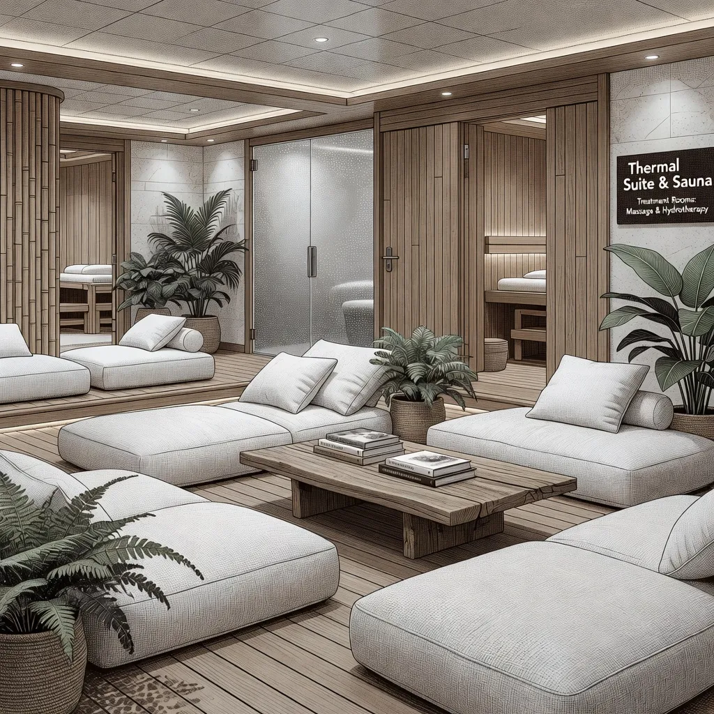 A serene spa area with a relaxation lounge and treatment rooms