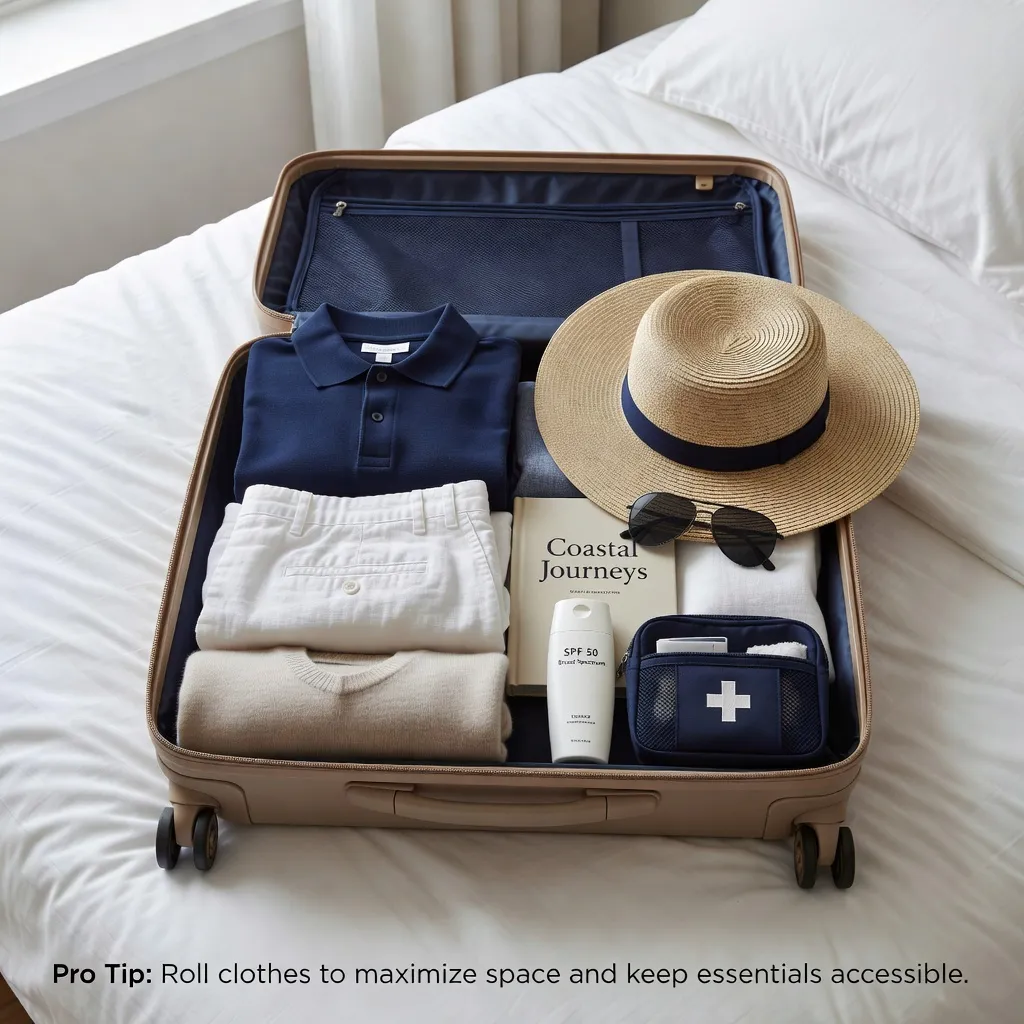 An overhead view of a neatly packed suitcase with folded clothes, sun hat, sunglasses, book, sunscreen and a small first-aid kit