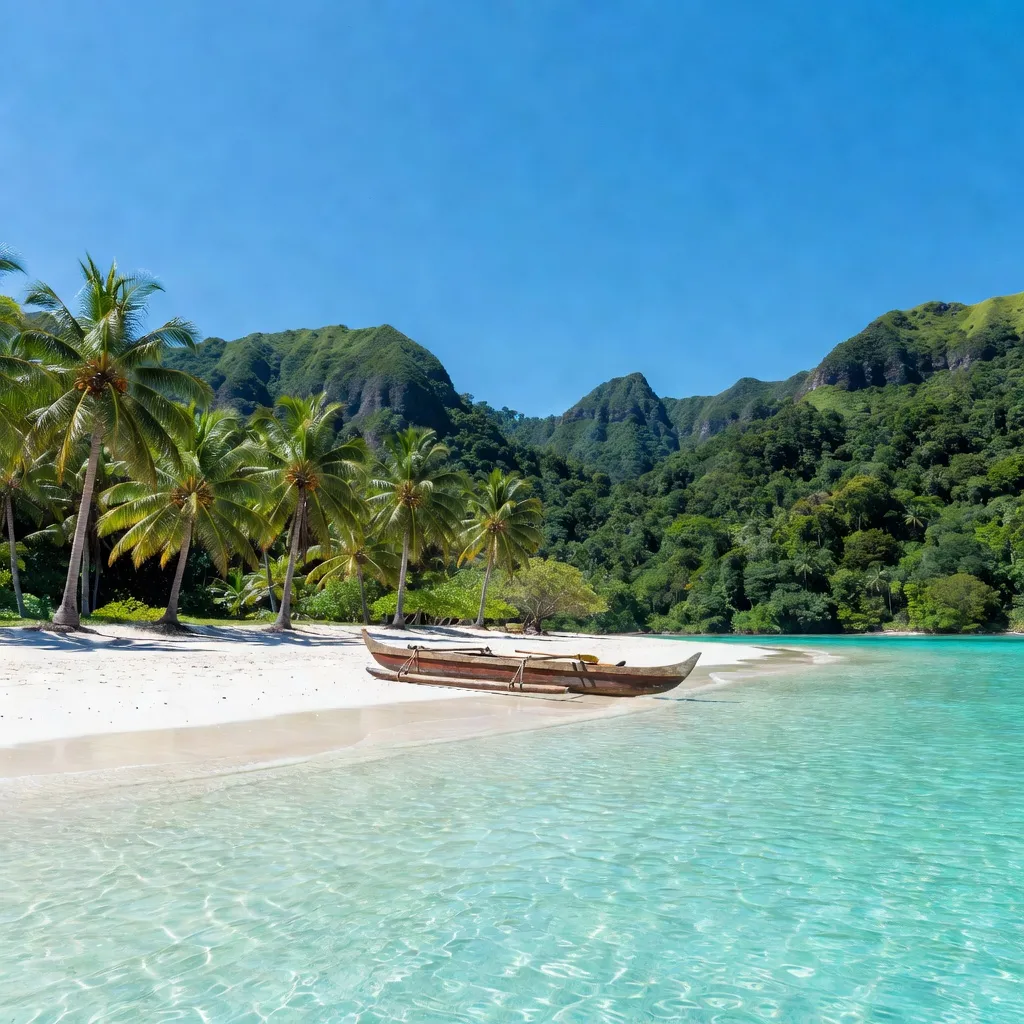 A serene South Pacific lagoon with turquoise water, white sand beach, palm trees, and an outrigger canoe
