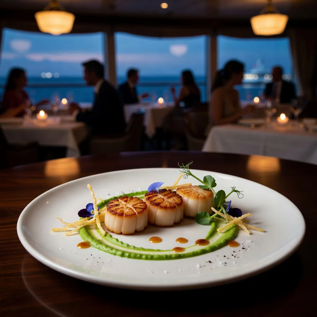 Gourmet seared scallop appetizer with artistic plating in an upscale cruise ship specialty restaurant